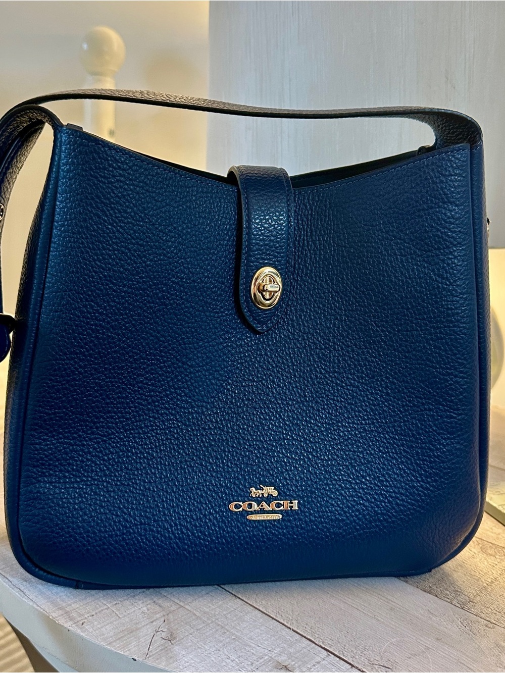 Coach Pebbled Leather Shoulder Bag in Navy Blue with Gold Hardware